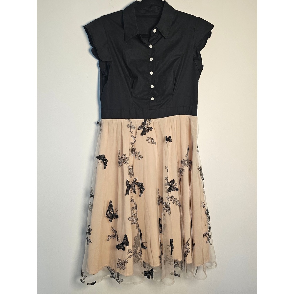 [Retro/Whimsical] Retro Stage Butterfly Tulle Dress Womens Large Peach Mesh